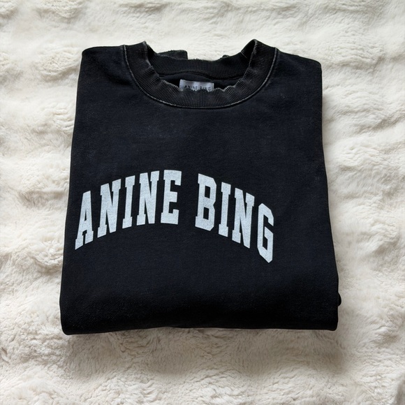 Anine Bing Tyler Cotton Logo Washed Black Crew Neck Sweatshirt-Scandi Girl Style - Picture 12 of 16